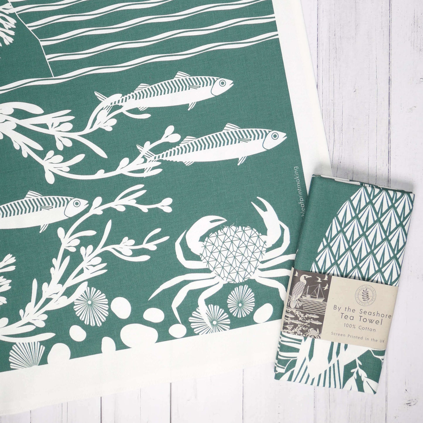 Tea Towel By the Seashore Dark Teal Tea Towel homeware shops bristol gift shops bristol Ash Leaf Printmaking