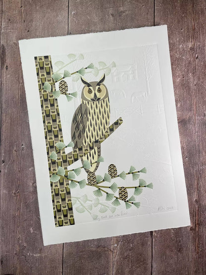 Owl Lino Print Owl Reduction Lino Print homeware shops bristol gift shops bristol Ash Leaf Printmaking