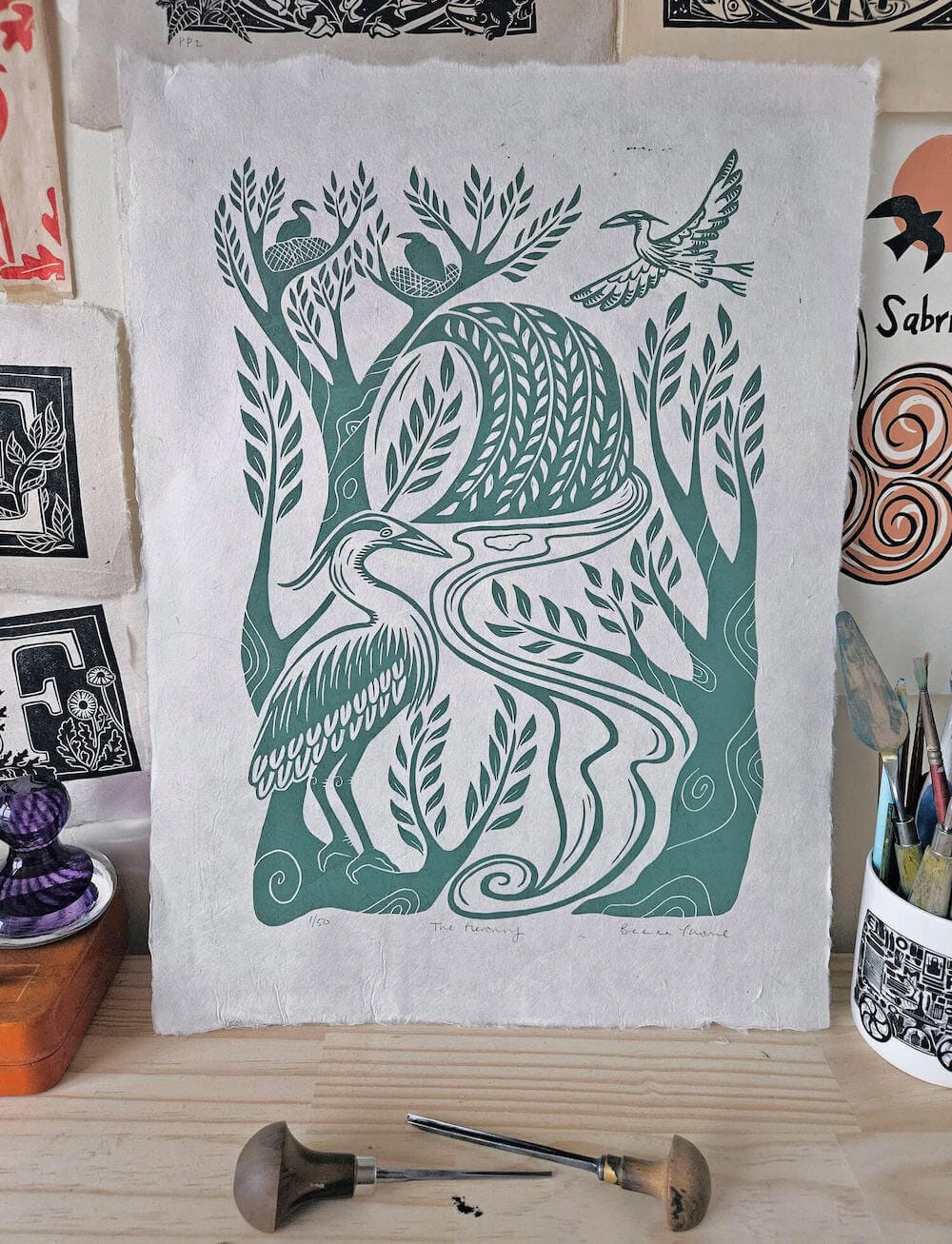 Heron Linocut The Heronry Linocut Print homeware shops bristol gift shops bristol Becca Thorne Illustration
