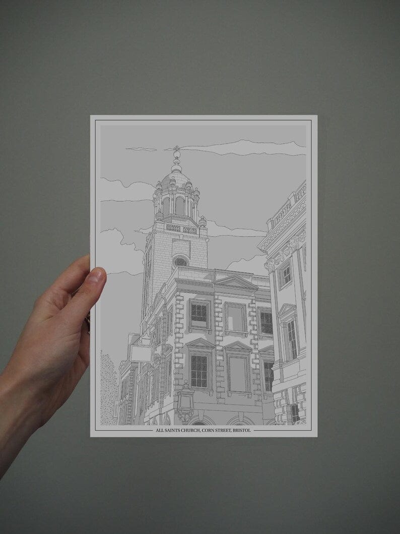 Print All Saints Church, Corn Street Print - A4 (various colours) homeware shops bristol gift shops bristol Ellie Rowe Design