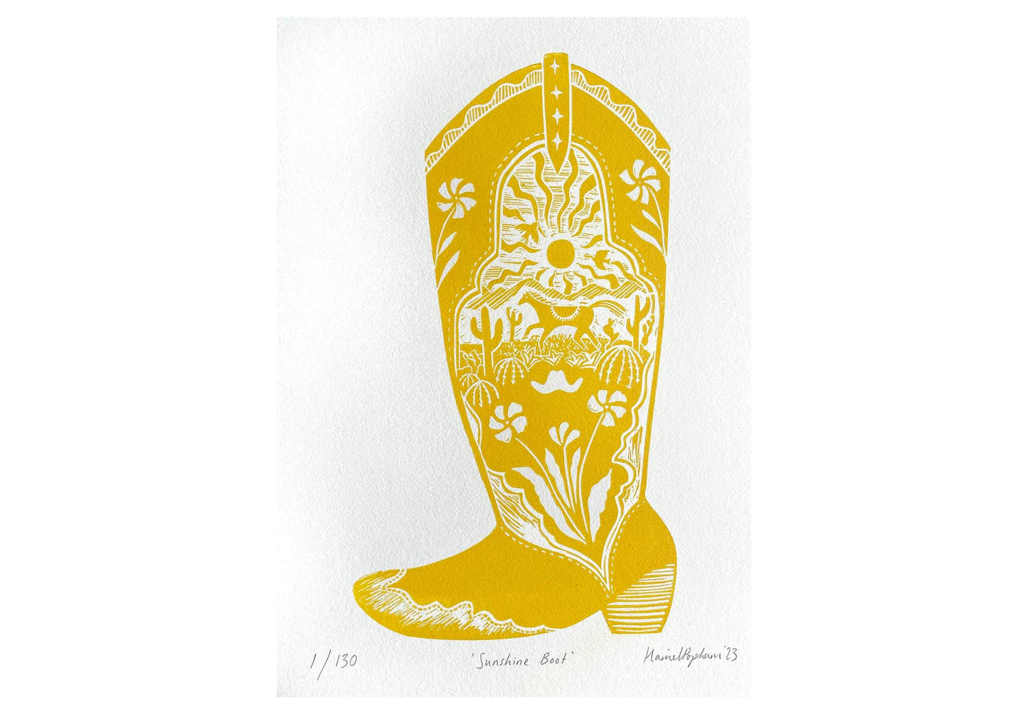 Prints Unframed Sunshine Boot - A4 Original Lino Print - Limited Edition (Framed or Unframed) homeware shops bristol gift shops bristol Harriet Popham