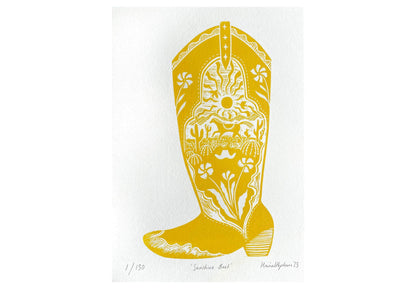 Prints Unframed Sunshine Boot - A4 Original Lino Print - Limited Edition (Framed or Unframed) homeware shops bristol gift shops bristol Harriet Popham
