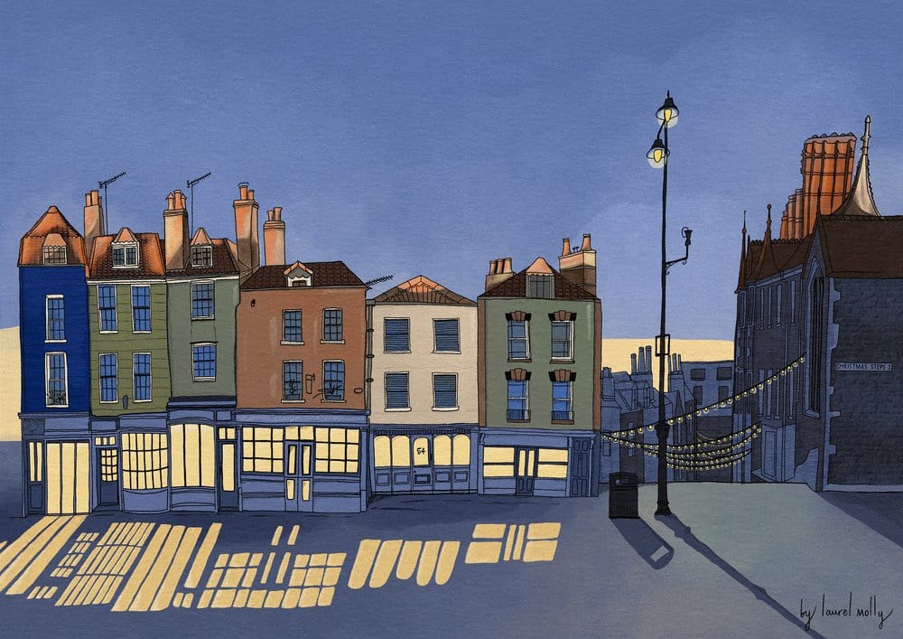 Print Giclee Print of Dusk at the Christmas Steps Giclee Print of Bristol Scenes A4 (various designs) homeware shops bristol gift shops bristol Laurel Molly
