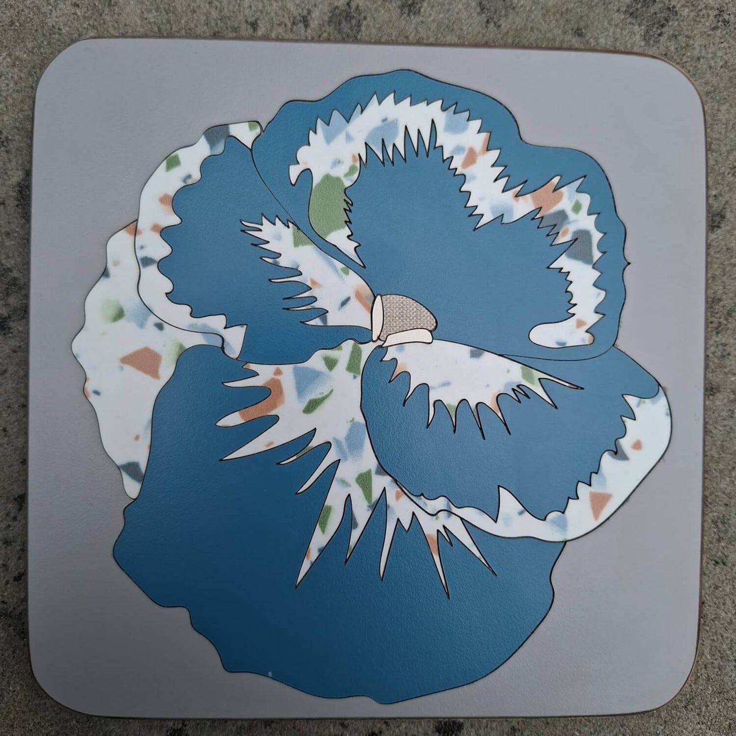 Grey, Teal & Terrazzo Pansy Marquetry Pan Trivet - Various Colours homeware shops bristol gift shops bristol Lucy Turner